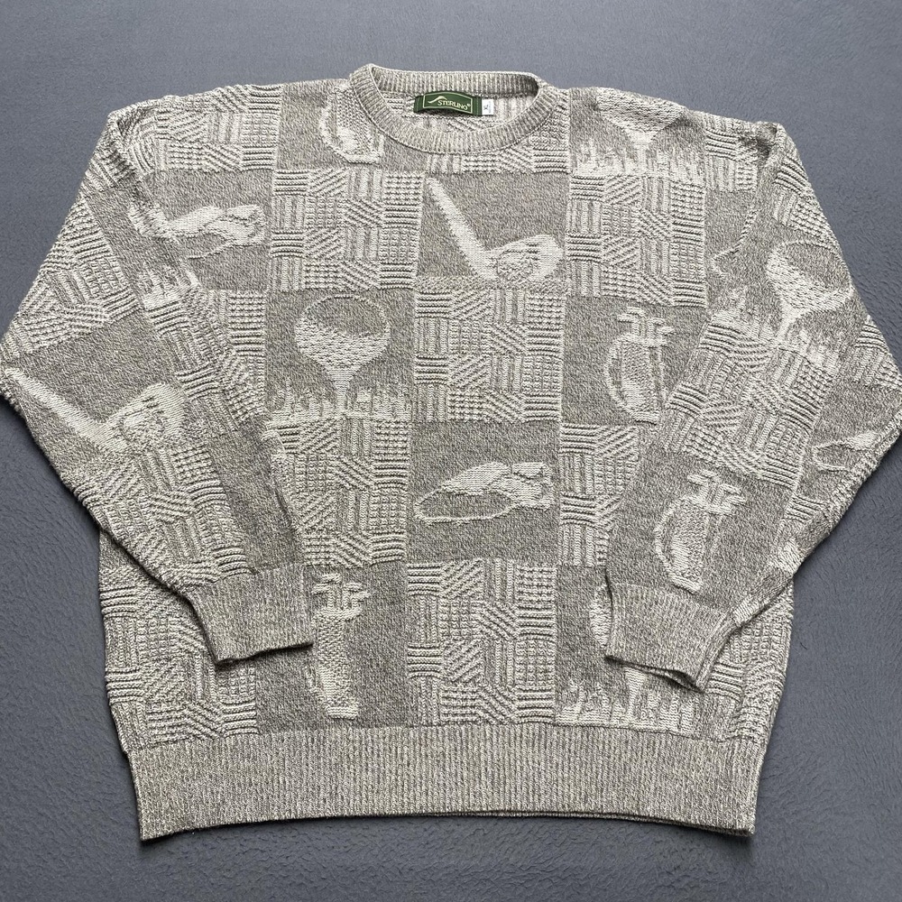 Vintage Sterling Sweater Mens XL Gray Golf Graphic Allover Knit Pullover 90s USA